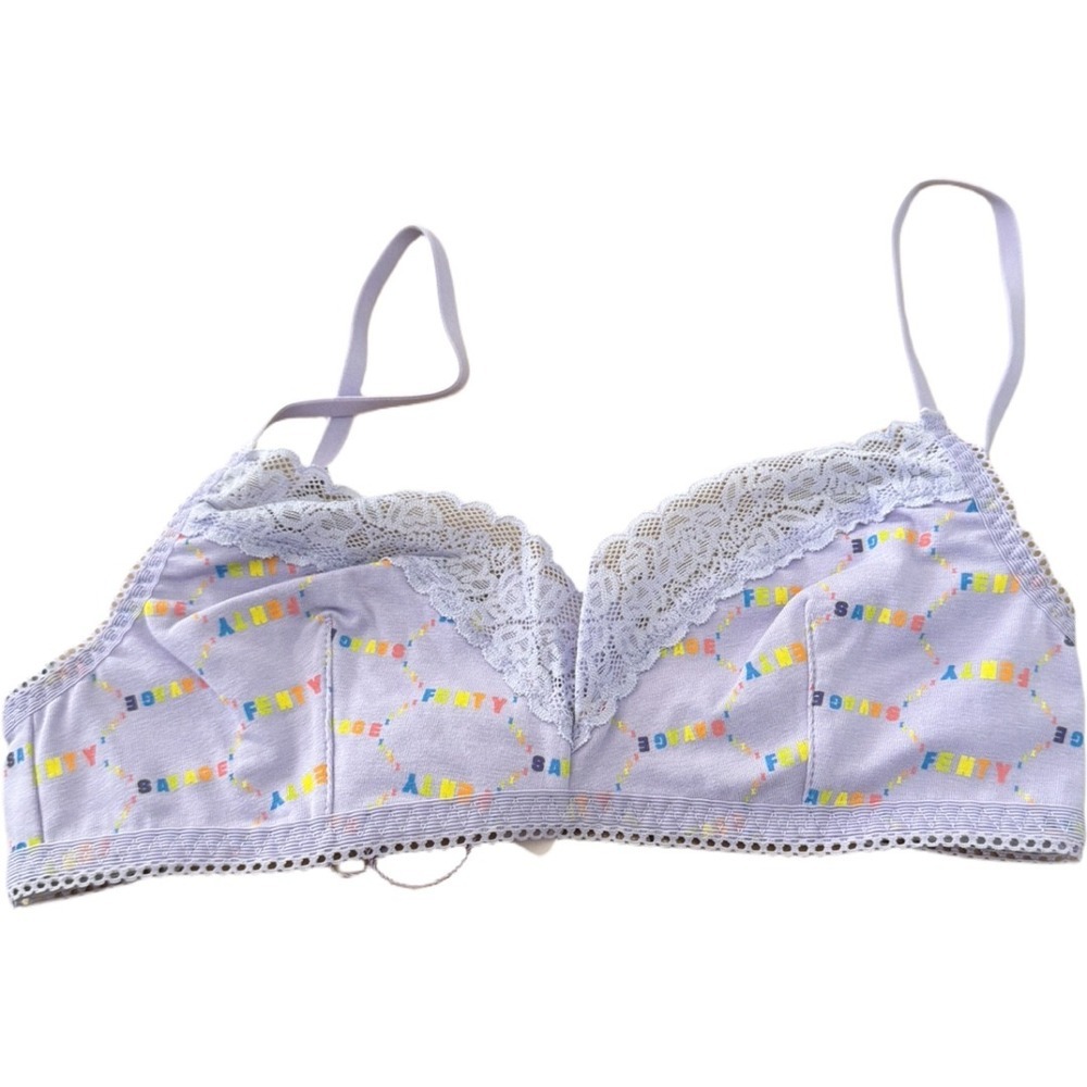 Savage X Fenty Lavender Rainbow Logo Print Lace Trim Bralette Size Small Cotton